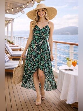 Chelsea28 Green Floral High-Low Spaghetti Strap Dress